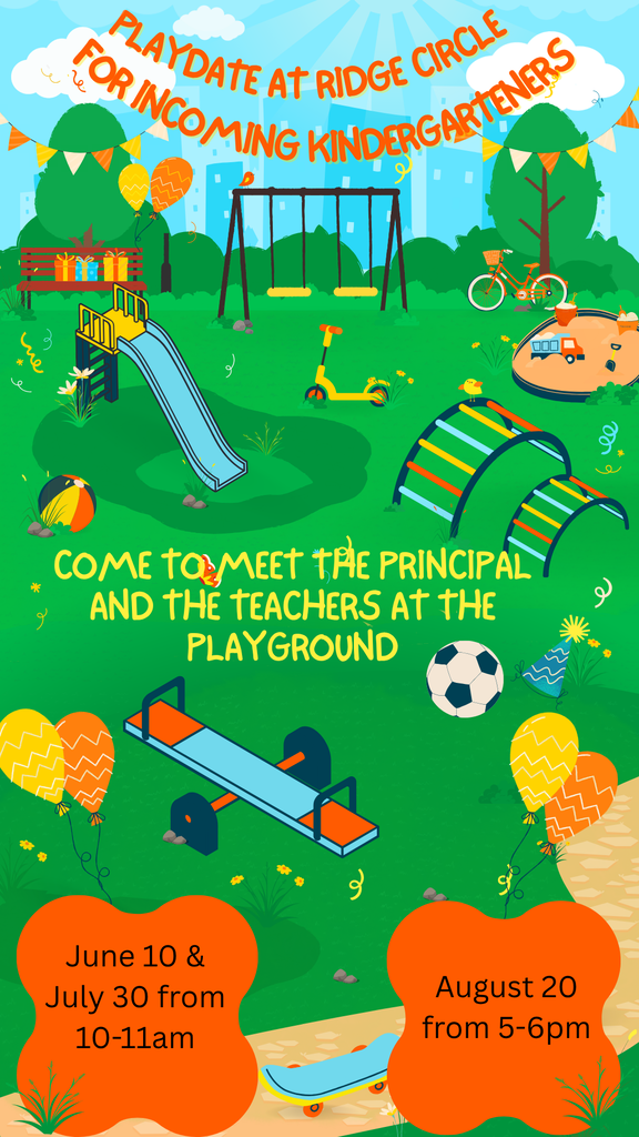 Green playground with slides, swings, and a soccer ball. Dates and times for the event are displayed in the corners.