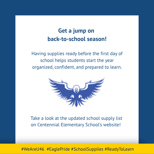 A white page with blue border shows an eagle logo and text "Get a jump on back-to-school season!" and "Having supplies ready before the first day of school helps students start the year organized, confident, and prepared to learn."