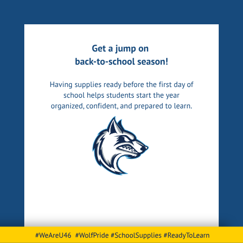 White background with blue and yellow borders. Blue text: "Get a jump on back-to-school season!" An emblem of a wolf head is in the middle.