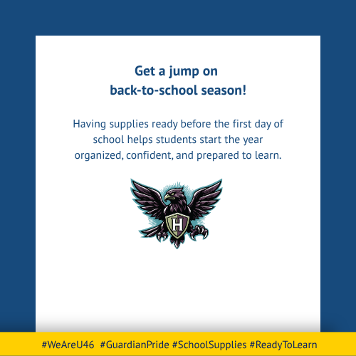 White background with a blue border. Text reads "Get a jump on back-to-school season!" An eagle logo with the letter "H" in the center.
