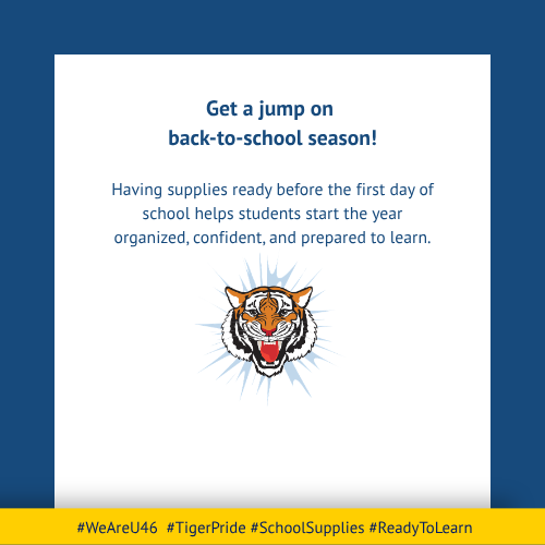 Blue and white page with tiger head. Text reads, "Get a jump on back-to-school season!" Hashtags below.