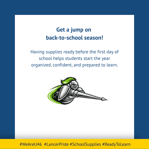 Blue and white background with a graphic of a knight. Text reads, "Get a jump on back-to-school season!"