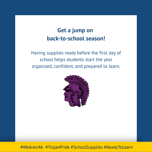 A white and blue background with text and a purple icon. Text reads: "Get a jump on back-to-school season! Having supplies ready before the first day of school helps students start the year organized, confident, and prepared to learn."