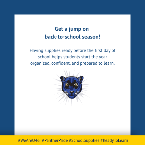 A blue panther mascot in a circular logo. Text reads, "Get a jump on back-to-school season!" with a blue and yellow border.
