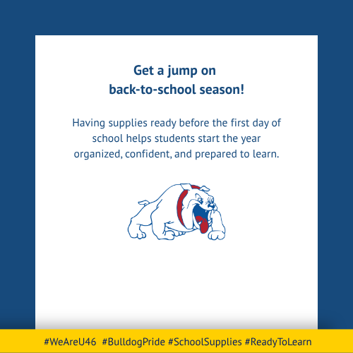A white background features a school mascot and text. The mascot is an animated bulldog, white with red accents.