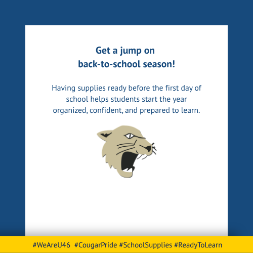 Text reads, "Get a jump on back-to-school season! Having supplies ready before the first day of school helps students start the year organized, confident, and prepared to learn." Below is an illustration of a lion's head.