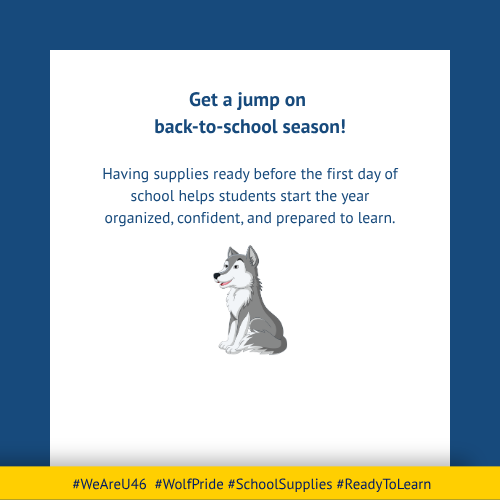 A blue and white page with a sitting husky. Text reads, "Get a jump on back-to-school season!"