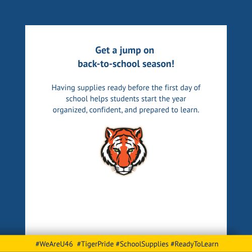 Blue and white page with text encouraging school readiness and featuring a tiger logo.