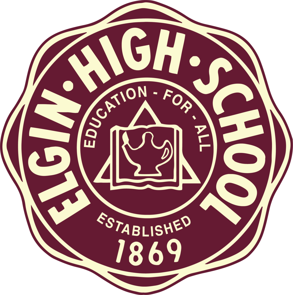 A circular emblem featuring "Elgin High School" and "Education for All". It includes a lamp and book icon, with "Established 1869".