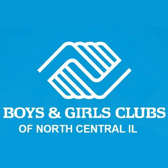 Logo for Boys & Girls Clubs of North Central IL on a blue background. The logo features two hands clasped.