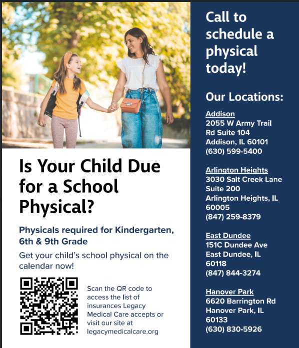 A flyer with blue and white colors highlights locations and contact details for medical services. It includes a QR code.
