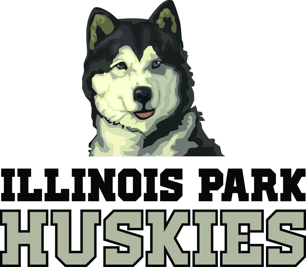 An illustrated Siberian husky with blue eyes above the text "ILLINOIS PARK HUSKIES" on a white background.