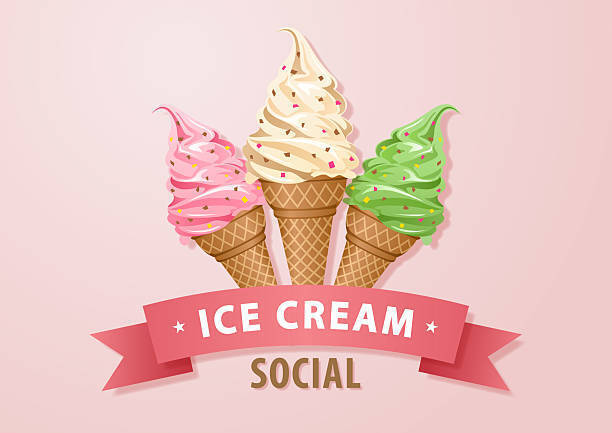 Illustration of three colorful soft-serve ice cream cones, pink, vanilla, and green with sprinkles, displayed above a pink ribbon banner that reads "ICE CREAM SOCIAL" on a light pink background.