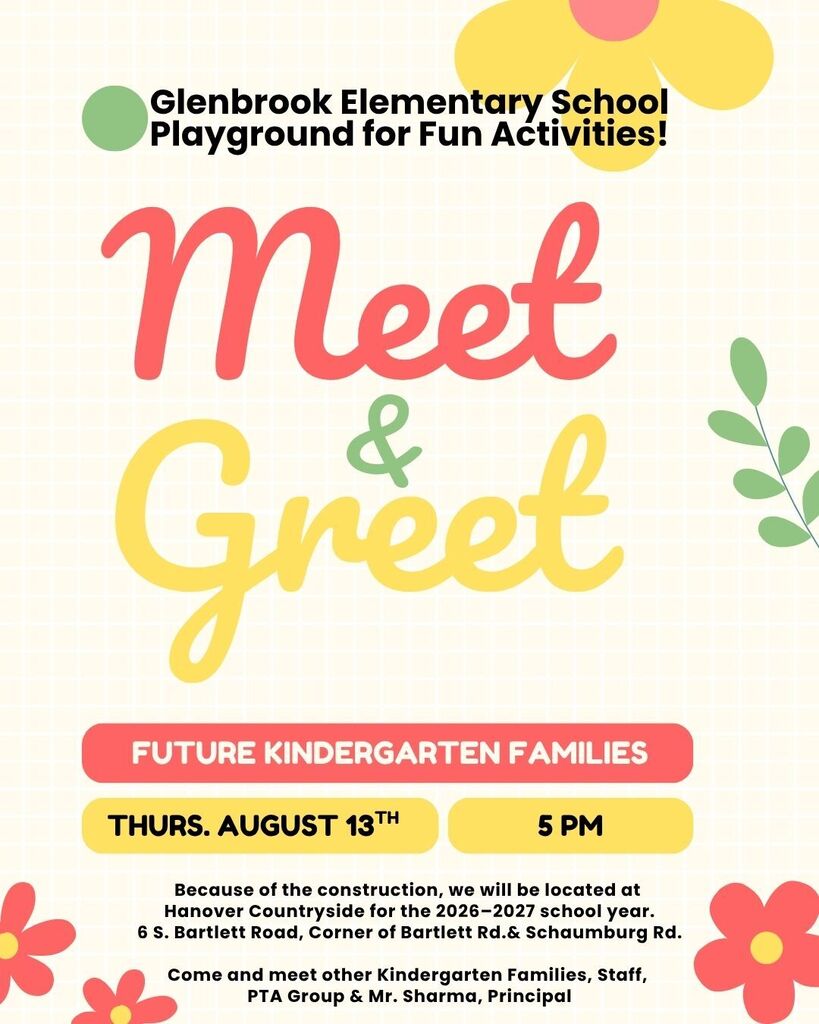 Colorful poster with text "Meet & Greet FUTURE KINDERGARTEN FAMILIES". Event on Thurs, Aug 13 at 5 pm. Venue at Hanver Countryside.