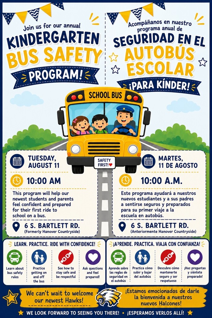 A poster with a yellow school bus, two children and a driver. Text reads: "Join us for our annual Kindergarten Bus Safety Program!"