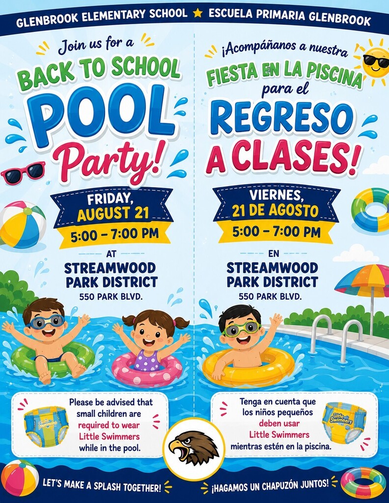 An event poster advertises a Back to School Pool Party. It features children in pool floaties, and the event details are written in both English and Spanish.