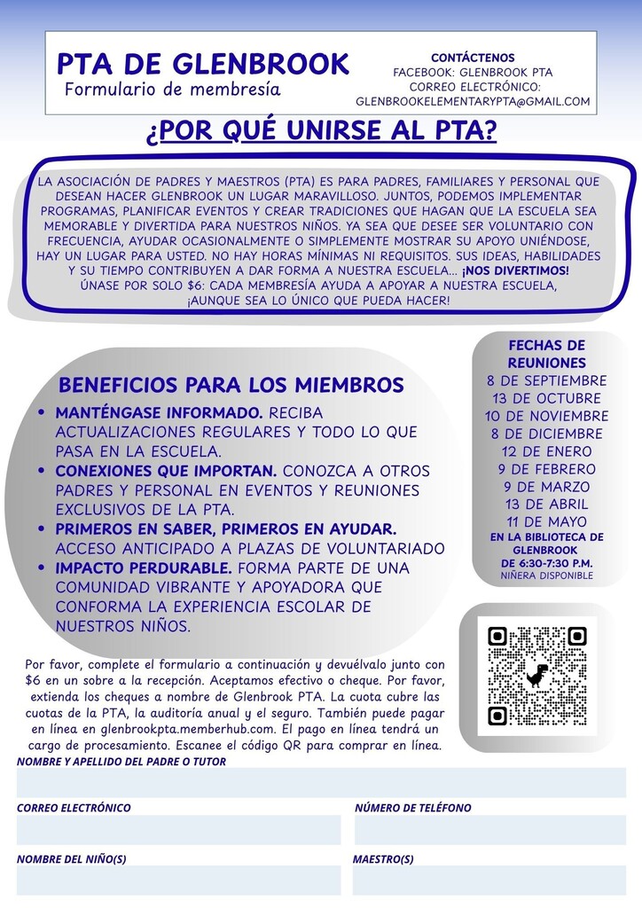 A page from PTA de Glenbrook, displaying membership benefits, membership dates, and a QR code for the PTA website.