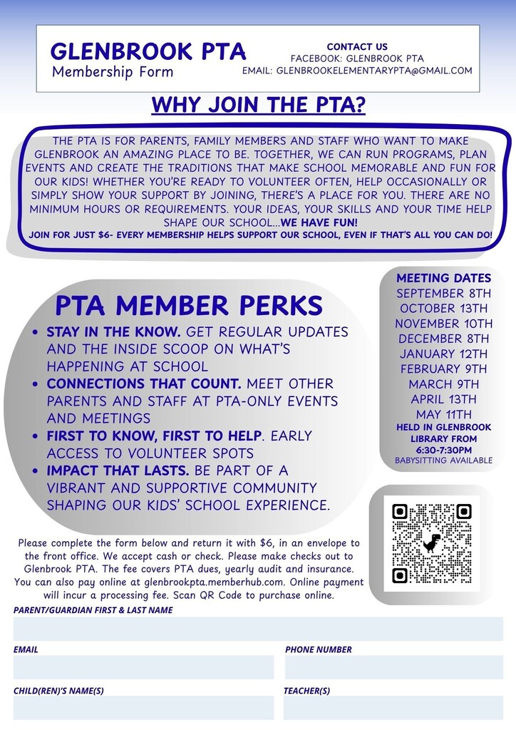 A flyer invites membership to Glenbrook PTA. It highlights benefits like staying informed, volunteer access, and community support. Dates for meetings are listed. QR code at bottom.