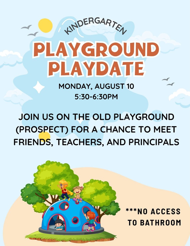 A blue and white banner for a kindergarten playdate on August 10, from 5:30 to 6:30 PM.