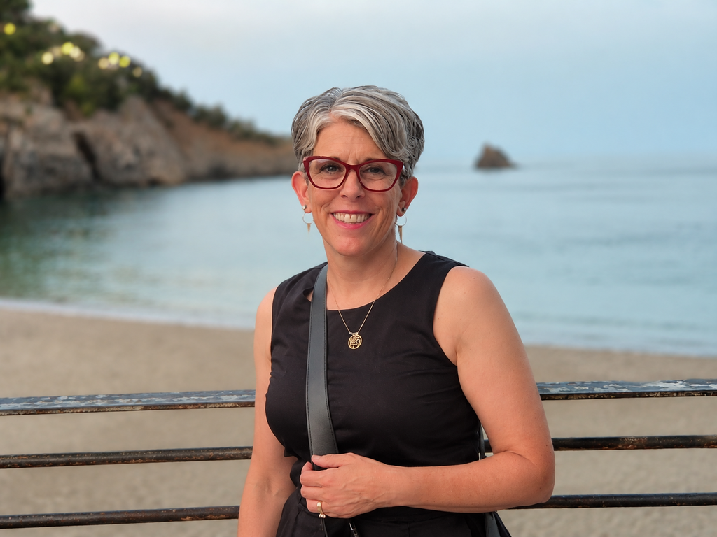 Woman in a black tank top and glasses stands on a pier at a beach. Behind her is a large rock formation and a body of water.
