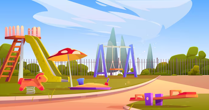 A colorful park with a slide, swings, seesaw, umbrella, toys, trees, and a fence. Sunny sky.