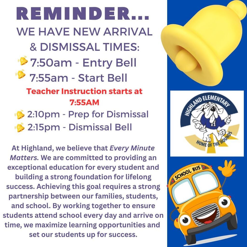 School schedule with bell times, bell icons, and a school bus. The background is blue and white.