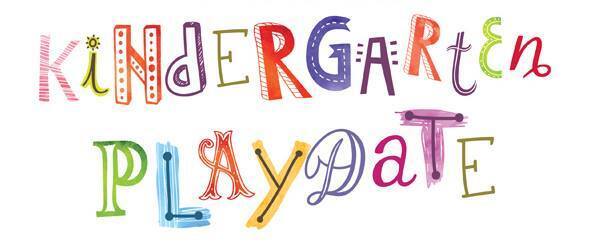 The image features the words "Kindergarten Playdate" displayed in large, colorful, playful letters on a white background.