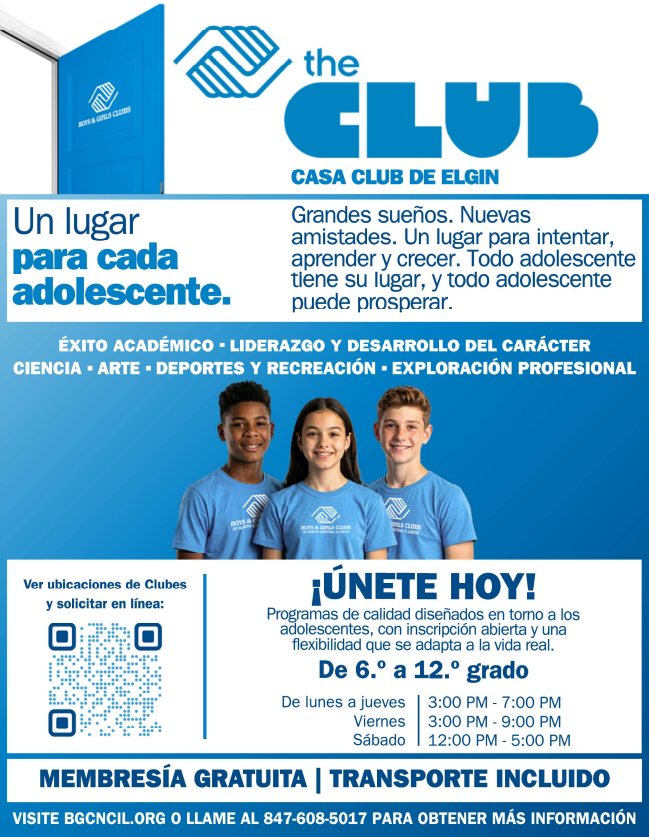 A poster for The Club Casa Club de Elgin. Three young people pose together in blue shirts. Contact information and membership details are listed.