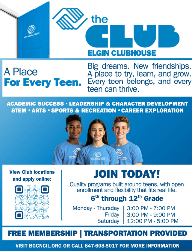 Flyer for the Elgin Clubhouse of The Club, featuring three teens in blue shirts. It emphasizes membership for teens from grades 6-12.