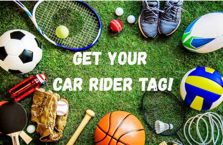 A variety of sports equipment and balls arranged on grass. Text reads "Get Your Car Rider Tag!"