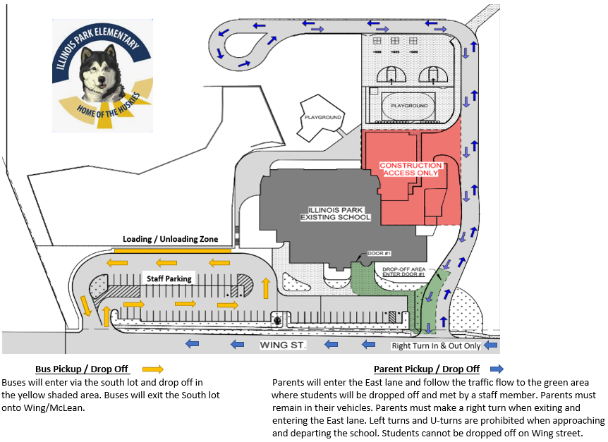 A diagram shows a school map with sections for bus pick-up, drop-off, and parent pick-up. Different areas are colored for each function.