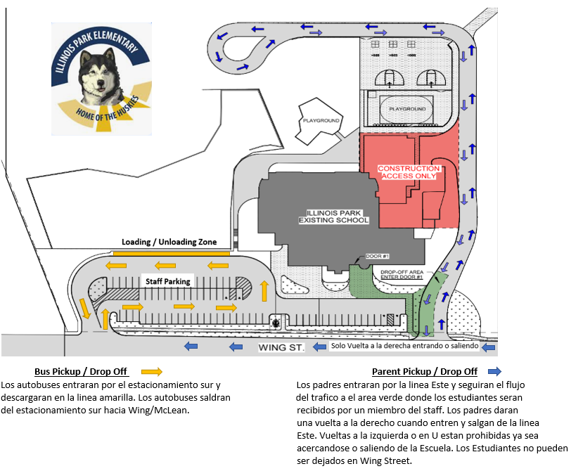 A map shows a school with areas marked for bus loading, staff parking, and parent pick-up/drop-off.