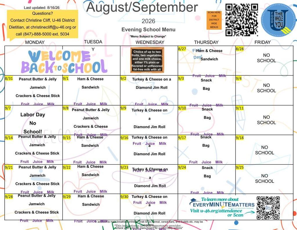 A page with a schedule of meals for August and September, including options like Turkey & Cheese and Diamond Bar.
