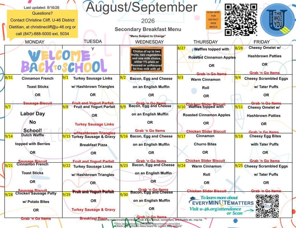Calendar for August and September 2026. Includes days of the week and menu options for breakfasts and lunches.
