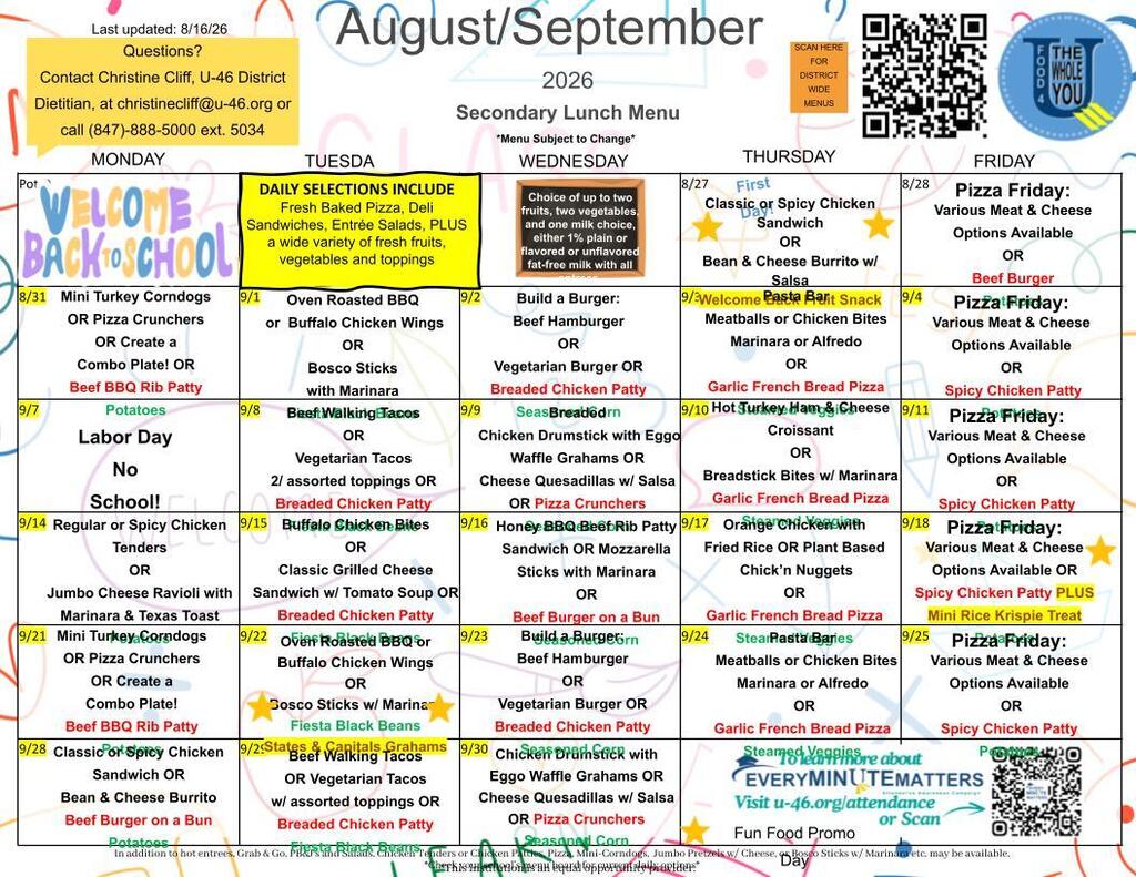A table displays a menu for August/September 2026. Each day's meal options are listed, with QR codes for additional information.