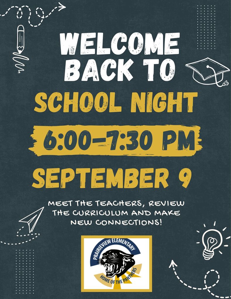 Yellow and Dark Green Poster Saying: Welcome Back To School Night 6:00-7:30 September 9. Meet the teachers, review the curriculum and make new connections.