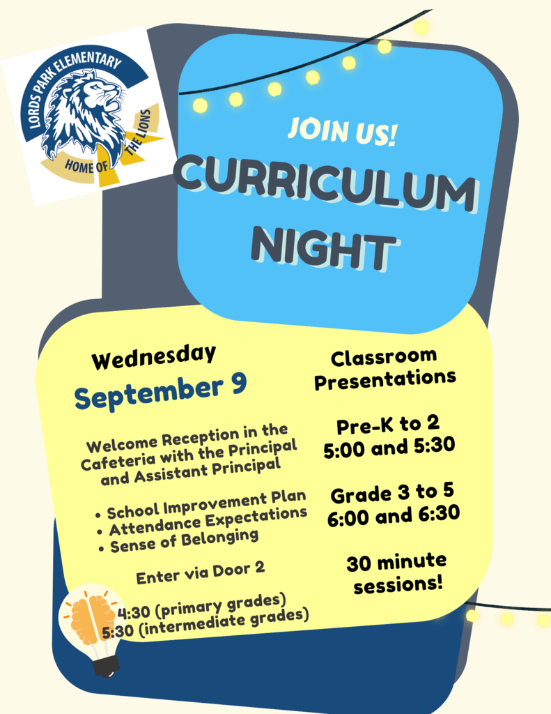 A flyer has a blue and yellow background. Text reads "Join Us! Curriculum Night". Schedule shows classroom presentations for Pre-K to 2, 3 to 5, and 6:00 to 6:30.