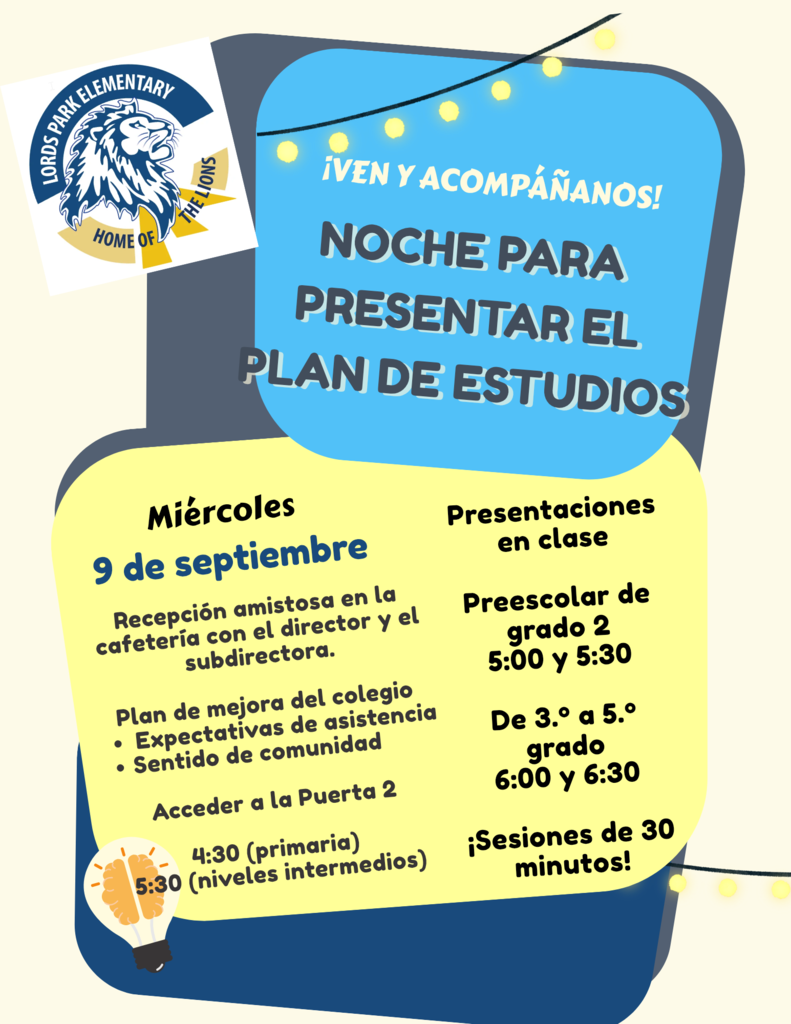 Blue and yellow flyer. Text in Spanish. Event: "Night to Present Study Plan." Date: Wednesday, September 9. Details include reception, presentations, and sessions.