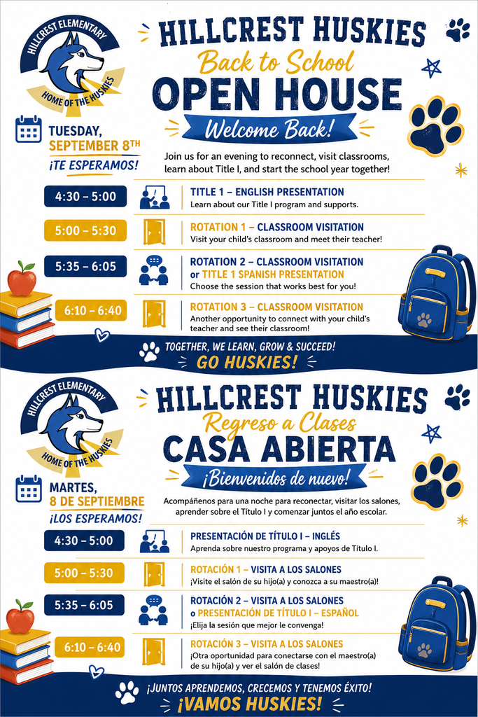 Open House Flyer with date, rotation times, mascot, school colors yellow and blue 