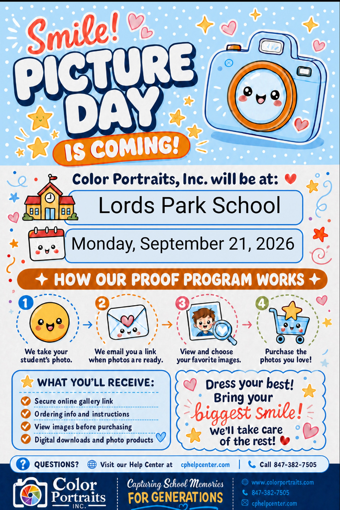 A colorful poster for Picture Day at Lords Park School. Features a camera, instructions, and a calendar date.