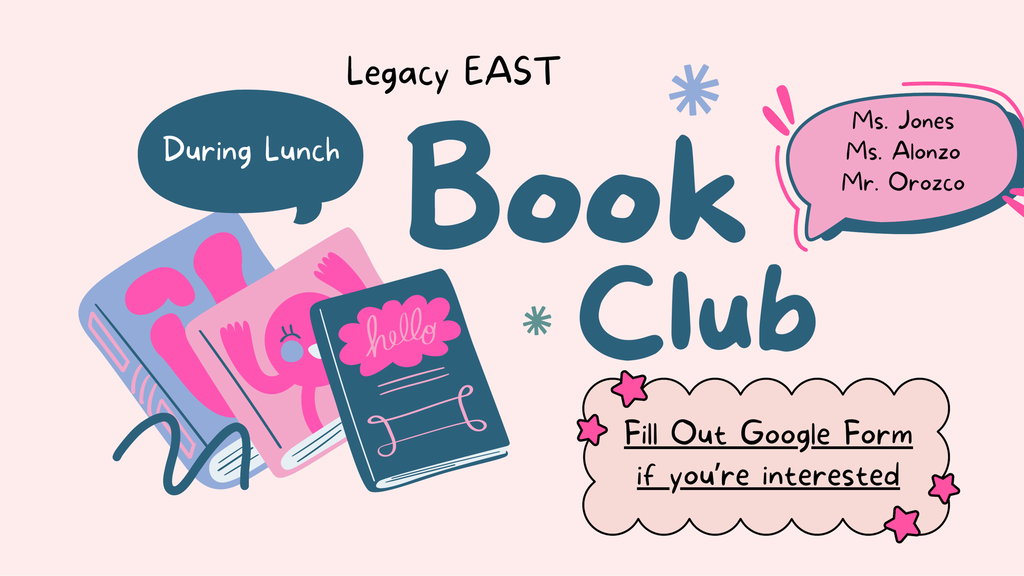 Books with speech bubbles above them. "Book Club" in blue text. "Fill Out Google Form If You're Interested" in pink text.