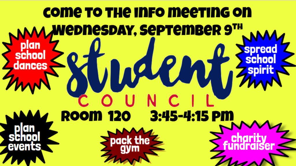 A yellow poster with blue, red, and purple highlights. It invites people to an info meeting on September 9th.