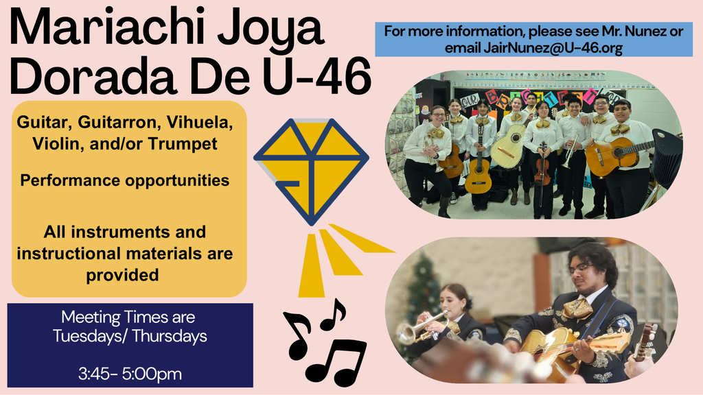 A poster features information about "Mariachi Joya Dorada De U-46." It includes images of musicians playing guitars and trumpets.
