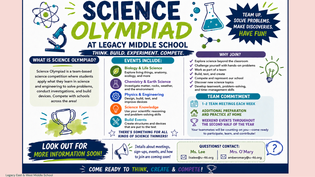 An informative poster on Science Olympiad, with icons for various categories and an event schedule. Contact details are listed.