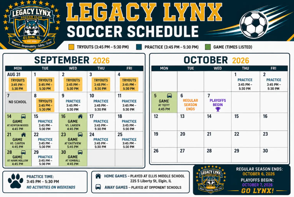 A soccer schedule for Legacy Lynx is shown with the months of September and October. Details include practice and game times.