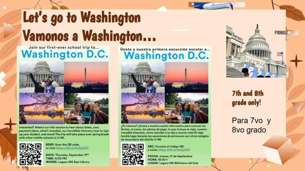 Poster with text "Let's go to Washington" and "Vamos a Washington". Two images of people at Washington D.C. landmarks. QR codes and contact details are below.