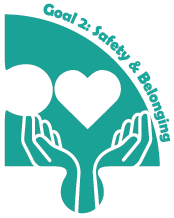 A pair of hands hold a heart on a green puzzle piece. Above it are the words Goal 2: Safety & Belonging