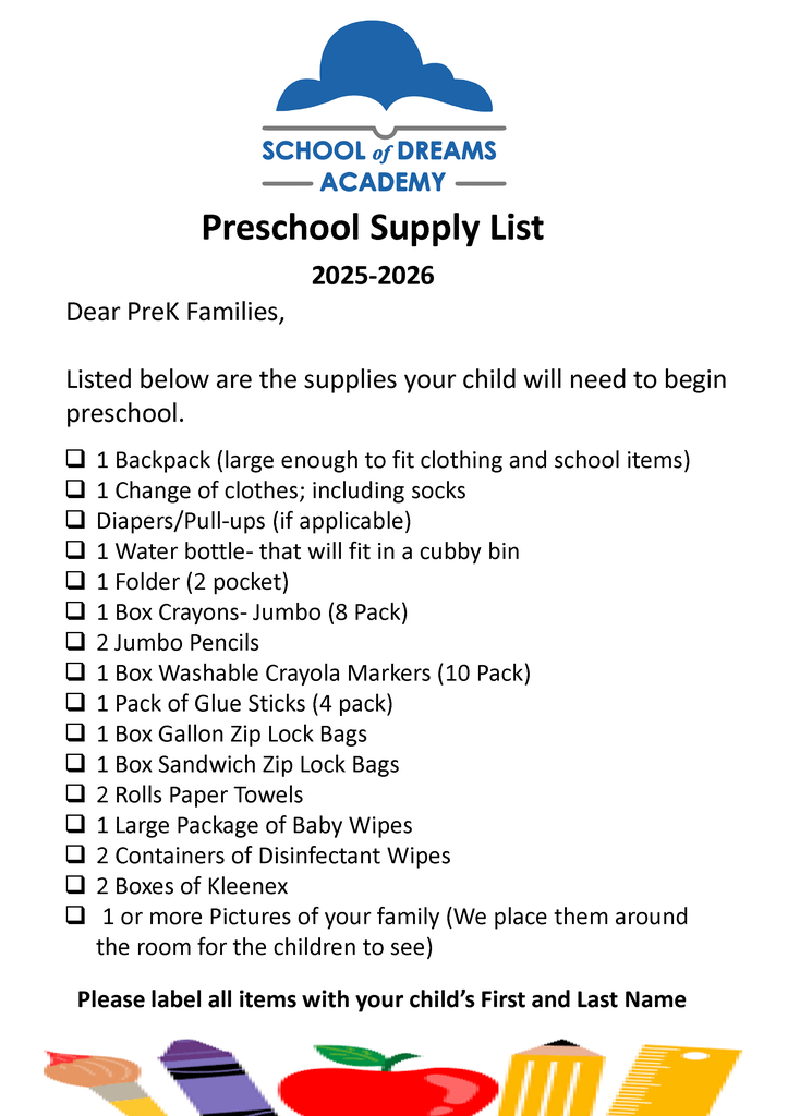 PreK Supply List