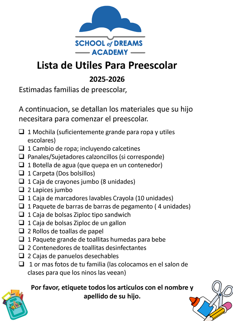 PreK Supply List (Spanish)