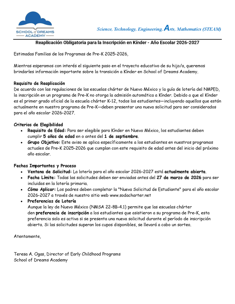 Mandatory Reapplication for Kindergarten